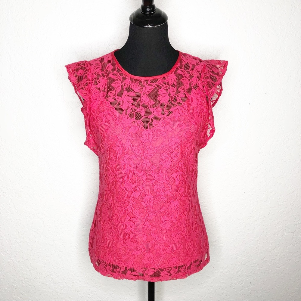 WHBM bright pink flutter sleeve lace overlay top size 4 feminine dainty